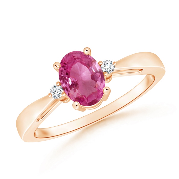 7x5mm AAAA Tapered Shank Pink Sapphire Solitaire Ring with Diamond Accents in Rose Gold 