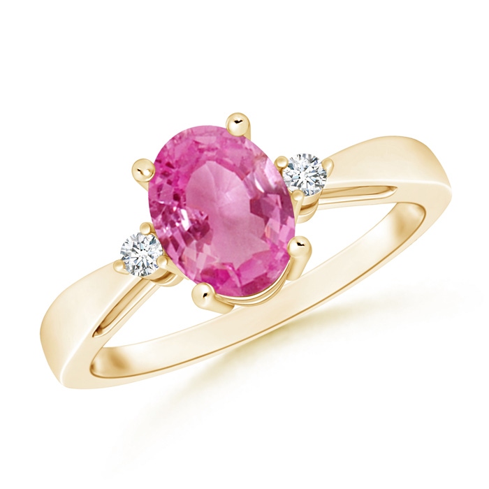 8x6mm AAA Tapered Shank Pink Sapphire Solitaire Ring with Diamond Accents in Yellow Gold 