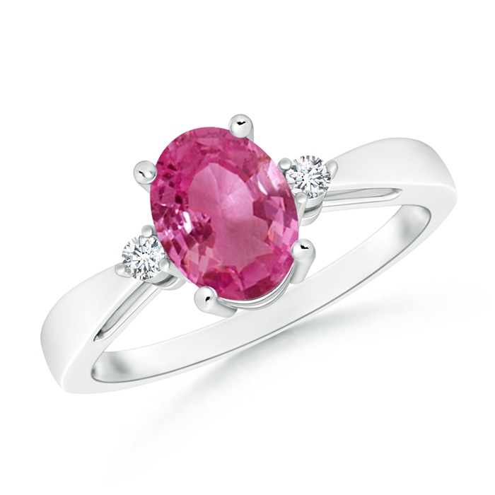 8x6mm AAAA Tapered Shank Pink Sapphire Solitaire Ring with Diamond Accents in P950 Platinum 