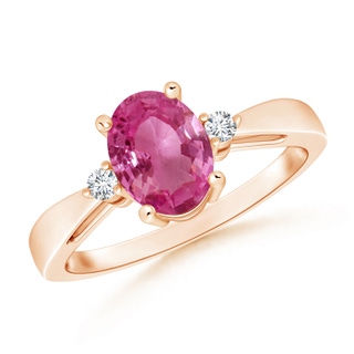 8x6mm AAAA Tapered Shank Pink Sapphire Solitaire Ring with Diamond Accents in Rose Gold