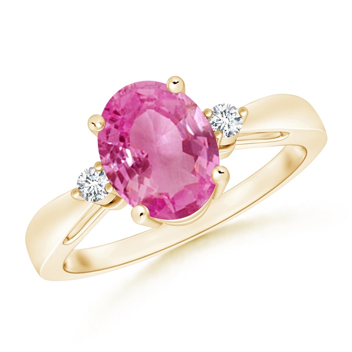 9x7mm AAA Tapered Shank Pink Sapphire Solitaire Ring with Diamond Accents in Yellow Gold 