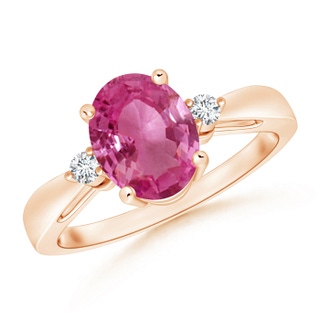 9x7mm AAAA Tapered Shank Pink Sapphire Solitaire Ring with Diamond Accents in Rose Gold