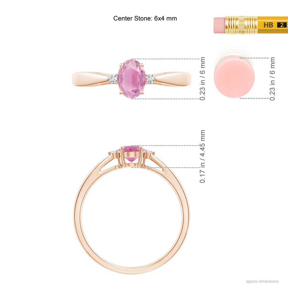 6x4mm A Tapered Shank Pink Tourmaline Solitaire Ring with Diamond Accents in 9K Rose Gold ruler