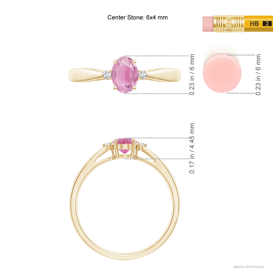 6x4mm A Tapered Shank Pink Tourmaline Solitaire Ring with Diamond Accents in Yellow Gold ruler