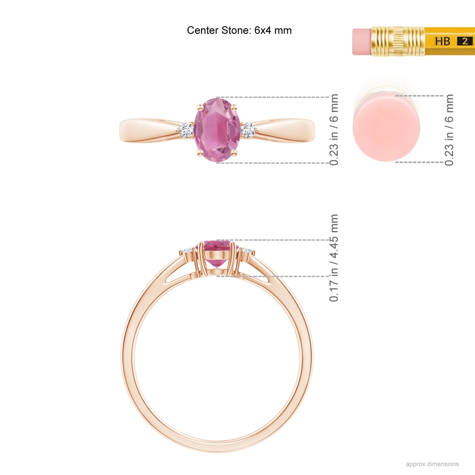 6x4mm AA Tapered Shank Pink Tourmaline Solitaire Ring with Diamond Accents in Rose Gold ruler