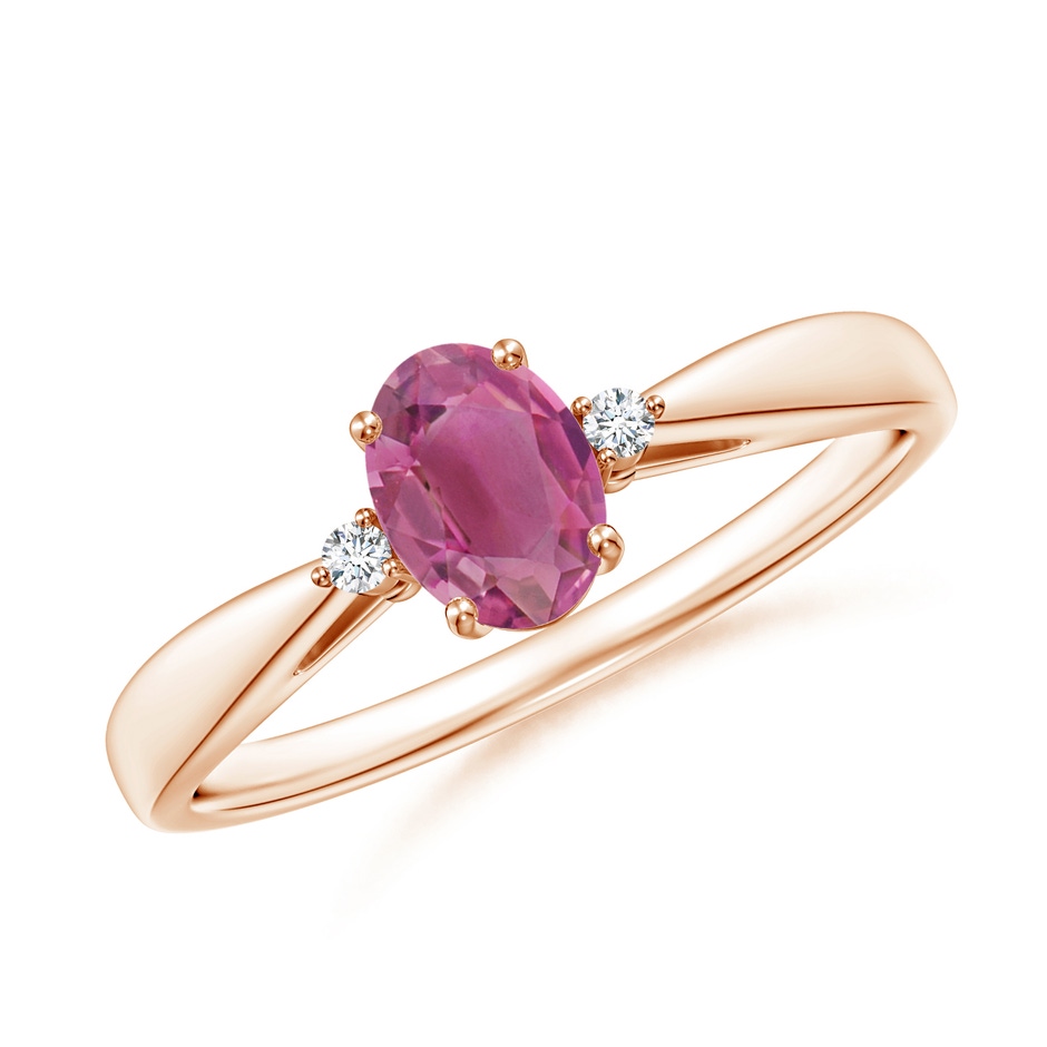 6x4mm AAA Tapered Shank Pink Tourmaline Solitaire Ring with Diamond Accents in Rose Gold 