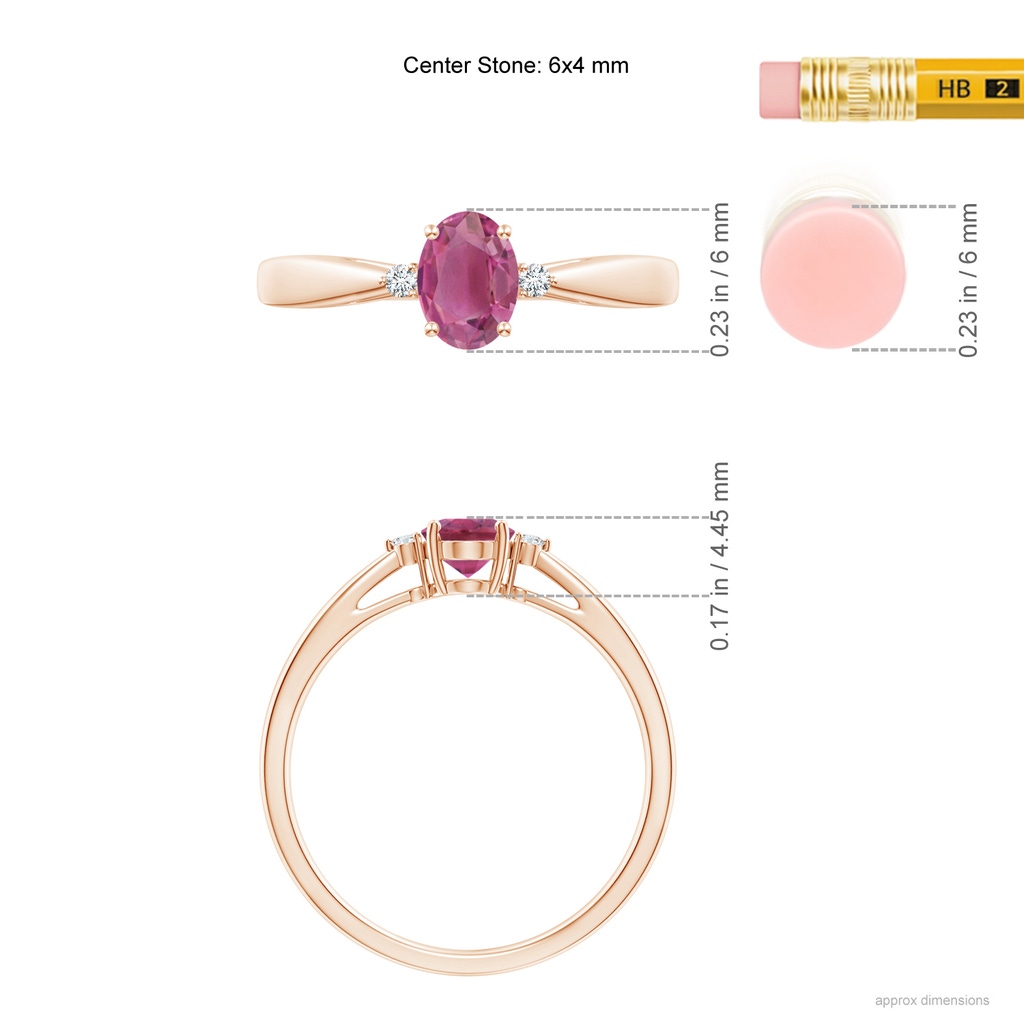 6x4mm AAA Tapered Shank Pink Tourmaline Solitaire Ring with Diamond Accents in Rose Gold ruler