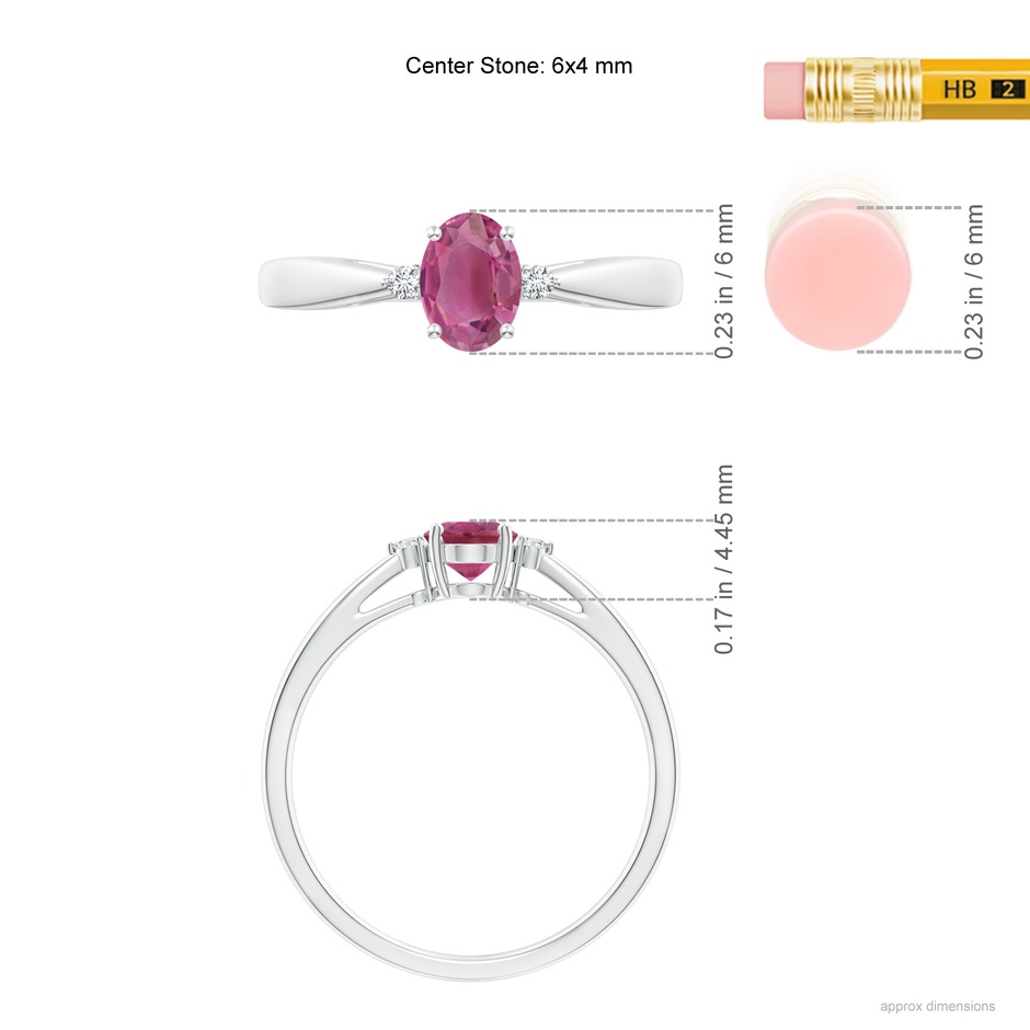6x4mm AAA Tapered Shank Pink Tourmaline Solitaire Ring with Diamond Accents in White Gold ruler