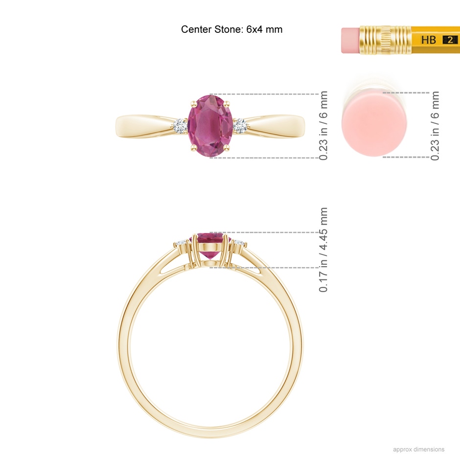 6x4mm AAA Tapered Shank Pink Tourmaline Solitaire Ring with Diamond Accents in Yellow Gold ruler