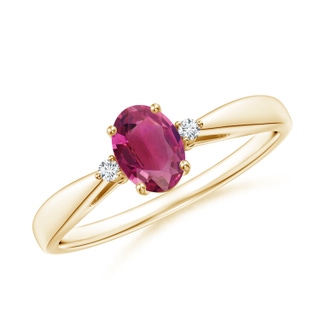 6x4mm AAAA Tapered Shank Pink Tourmaline Solitaire Ring with Diamond Accents in 10K Yellow Gold