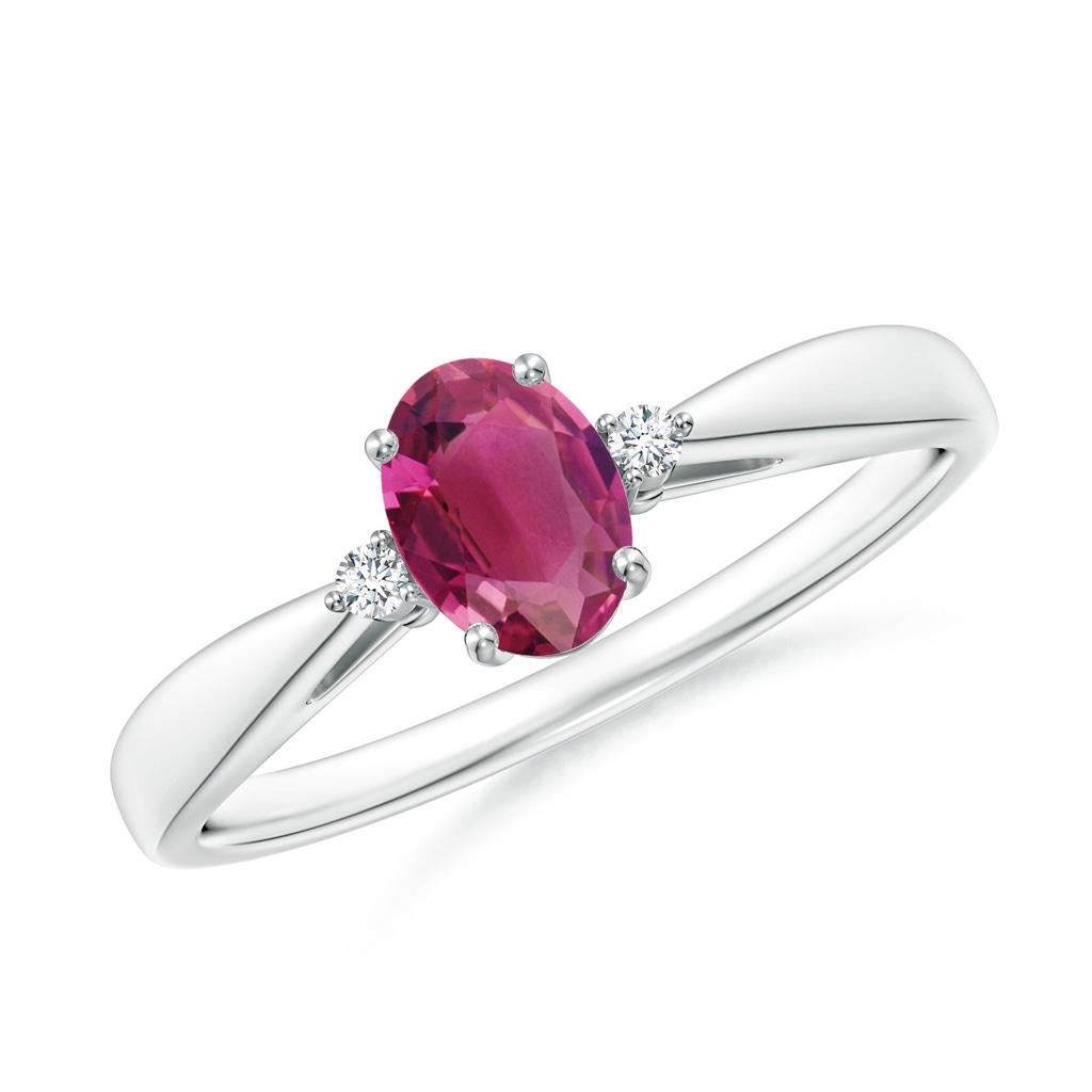 6x4mm AAAA Tapered Shank Pink Tourmaline Solitaire Ring with Diamond Accents in P950 Platinum