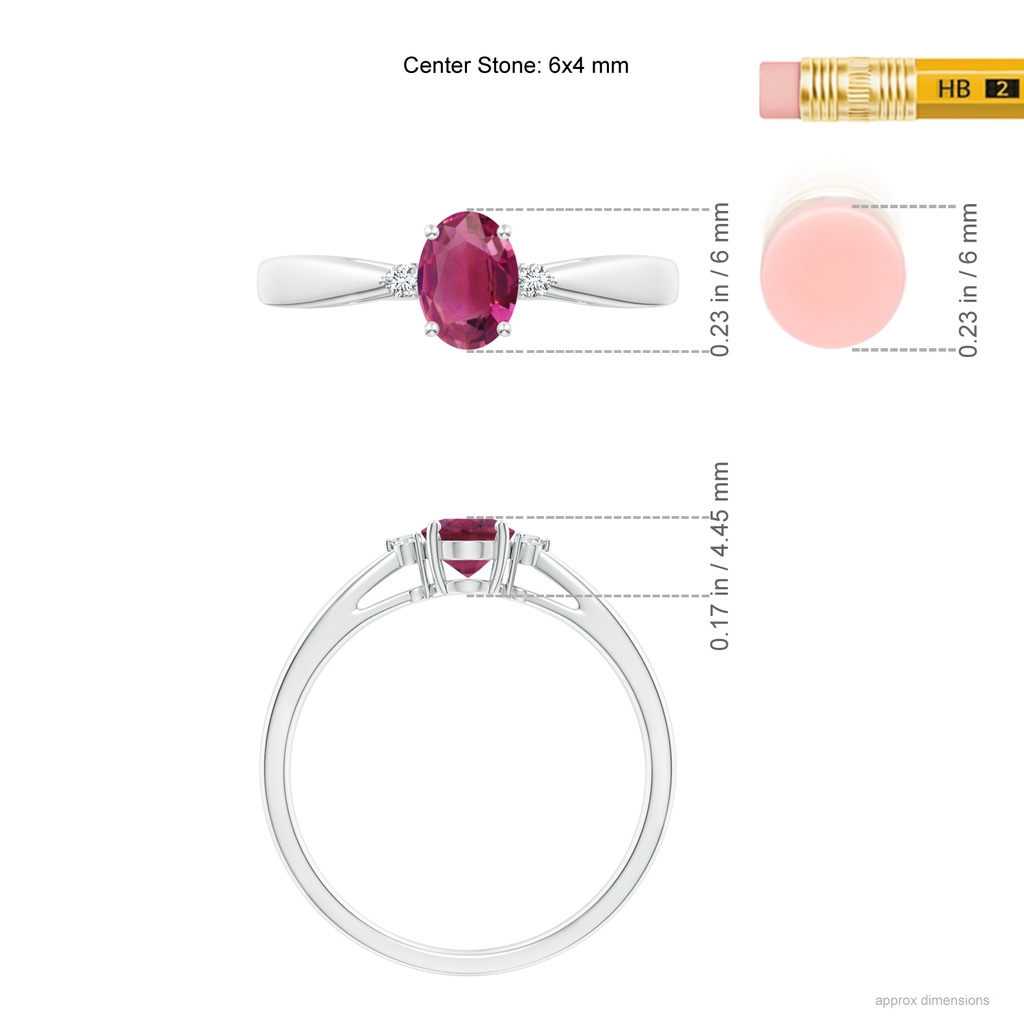 6x4mm AAAA Tapered Shank Pink Tourmaline Solitaire Ring with Diamond Accents in P950 Platinum ruler