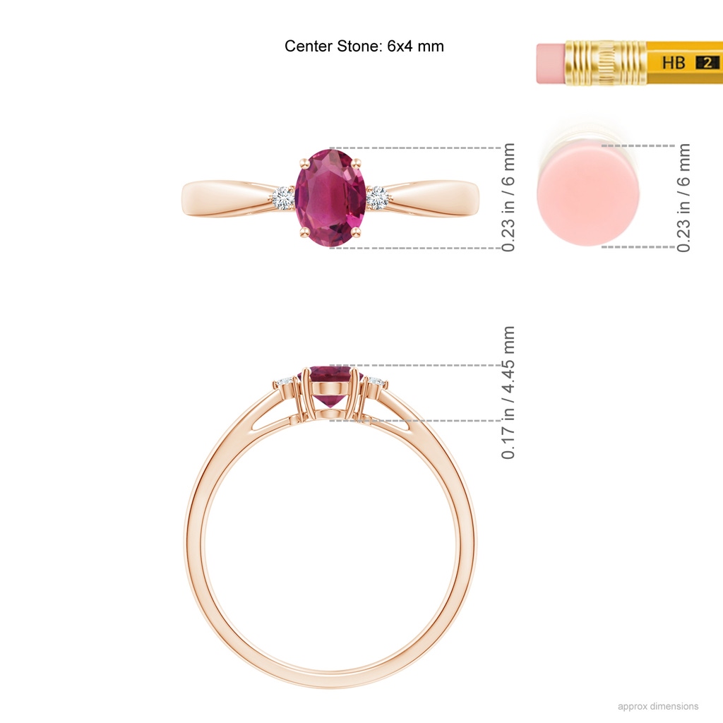 6x4mm AAAA Tapered Shank Pink Tourmaline Solitaire Ring with Diamond Accents in Rose Gold ruler
