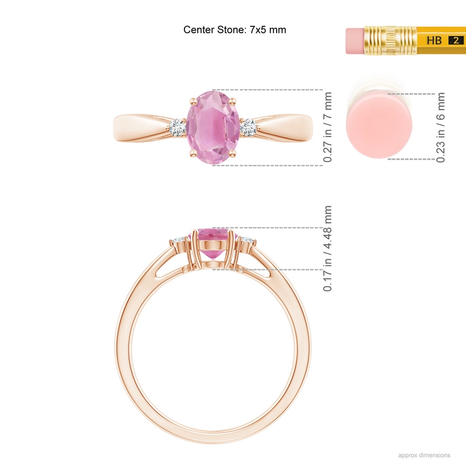 7x5mm A Tapered Shank Pink Tourmaline Solitaire Ring with Diamond Accents in Rose Gold ruler