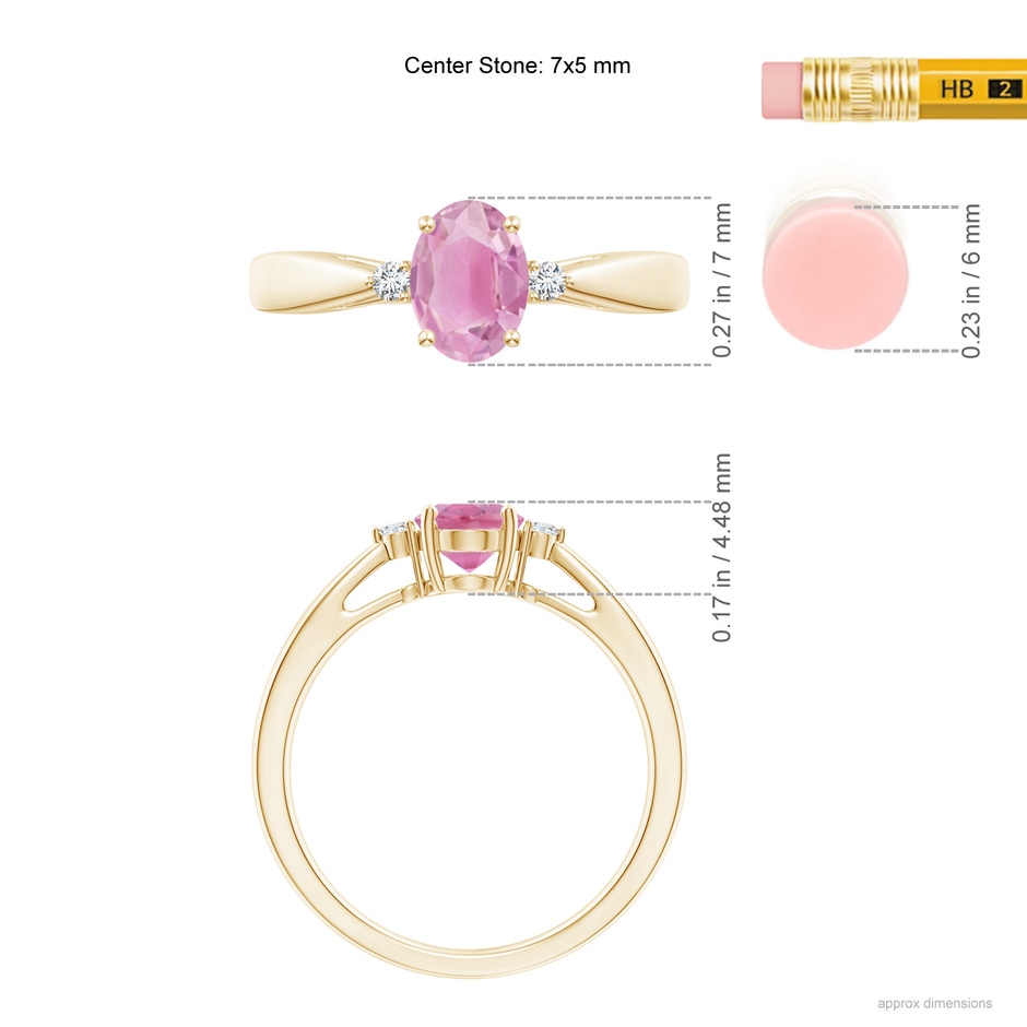 7x5mm A Tapered Shank Pink Tourmaline Solitaire Ring with Diamond Accents in Yellow Gold ruler