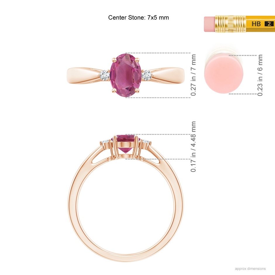 7x5mm AAA Tapered Shank Pink Tourmaline Solitaire Ring with Diamond Accents in Rose Gold ruler