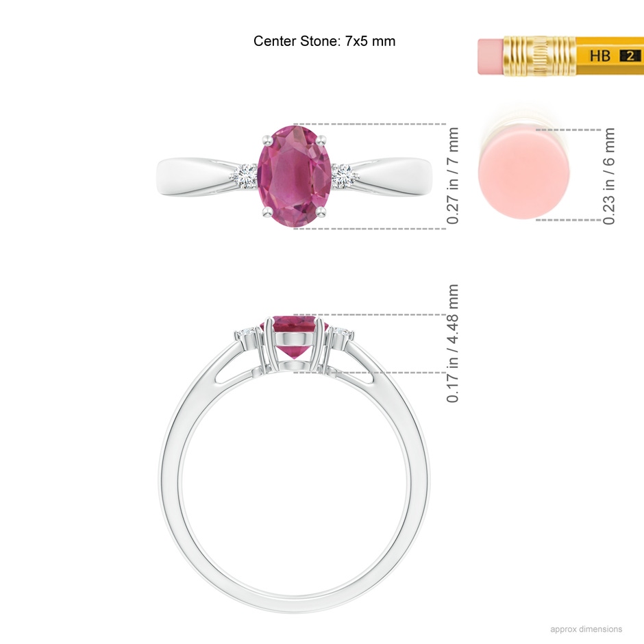 7x5mm AAA Tapered Shank Pink Tourmaline Solitaire Ring with Diamond Accents in White Gold ruler