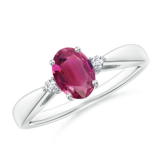 7x5mm AAAA Tapered Shank Pink Tourmaline Solitaire Ring with Diamond Accents in P950 Platinum
