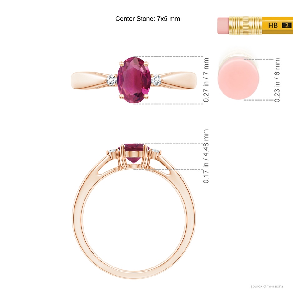7x5mm AAAA Tapered Shank Pink Tourmaline Solitaire Ring with Diamond Accents in Rose Gold ruler
