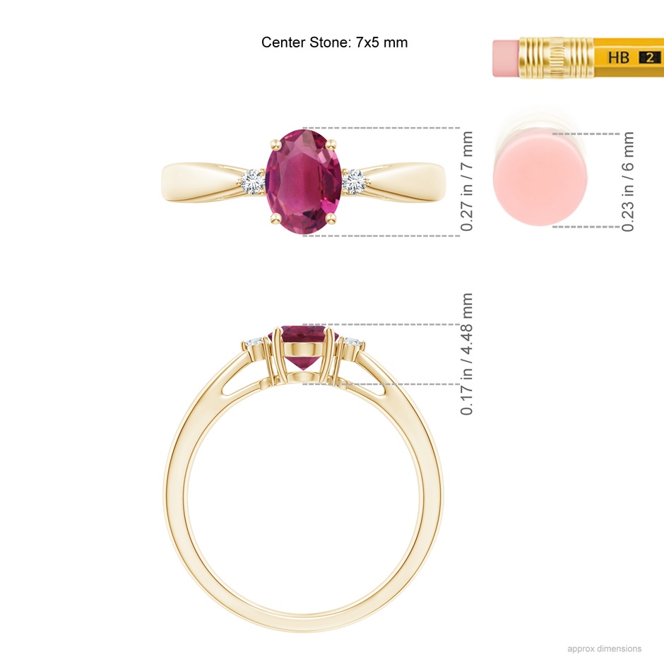 7x5mm AAAA Tapered Shank Pink Tourmaline Solitaire Ring with Diamond Accents in Yellow Gold ruler