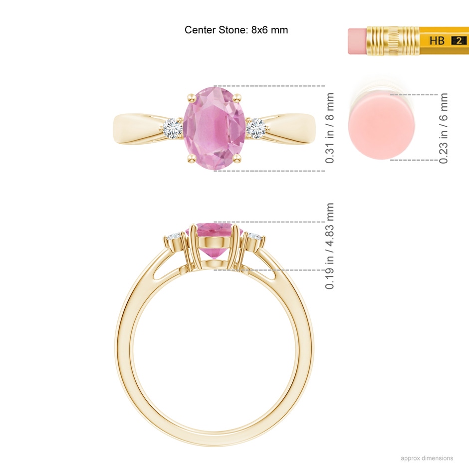 8x6mm A Tapered Shank Pink Tourmaline Solitaire Ring with Diamond Accents in Yellow Gold ruler