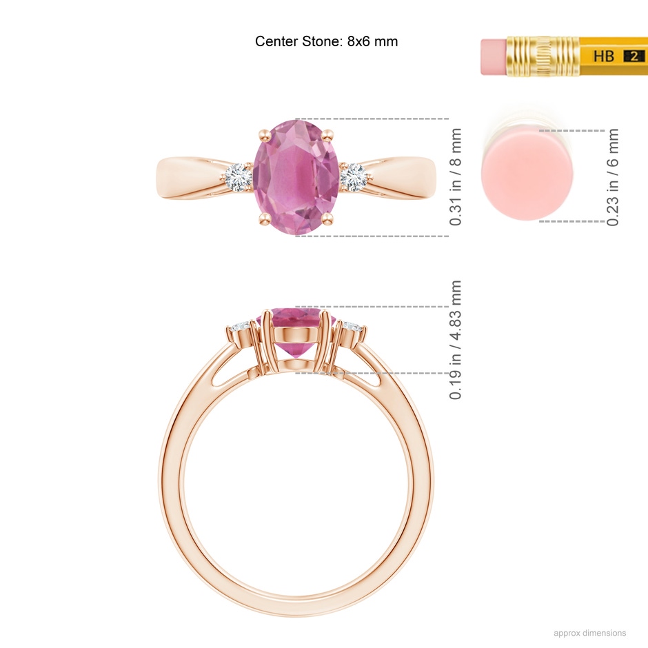 8x6mm AA Tapered Shank Pink Tourmaline Solitaire Ring with Diamond Accents in Rose Gold ruler