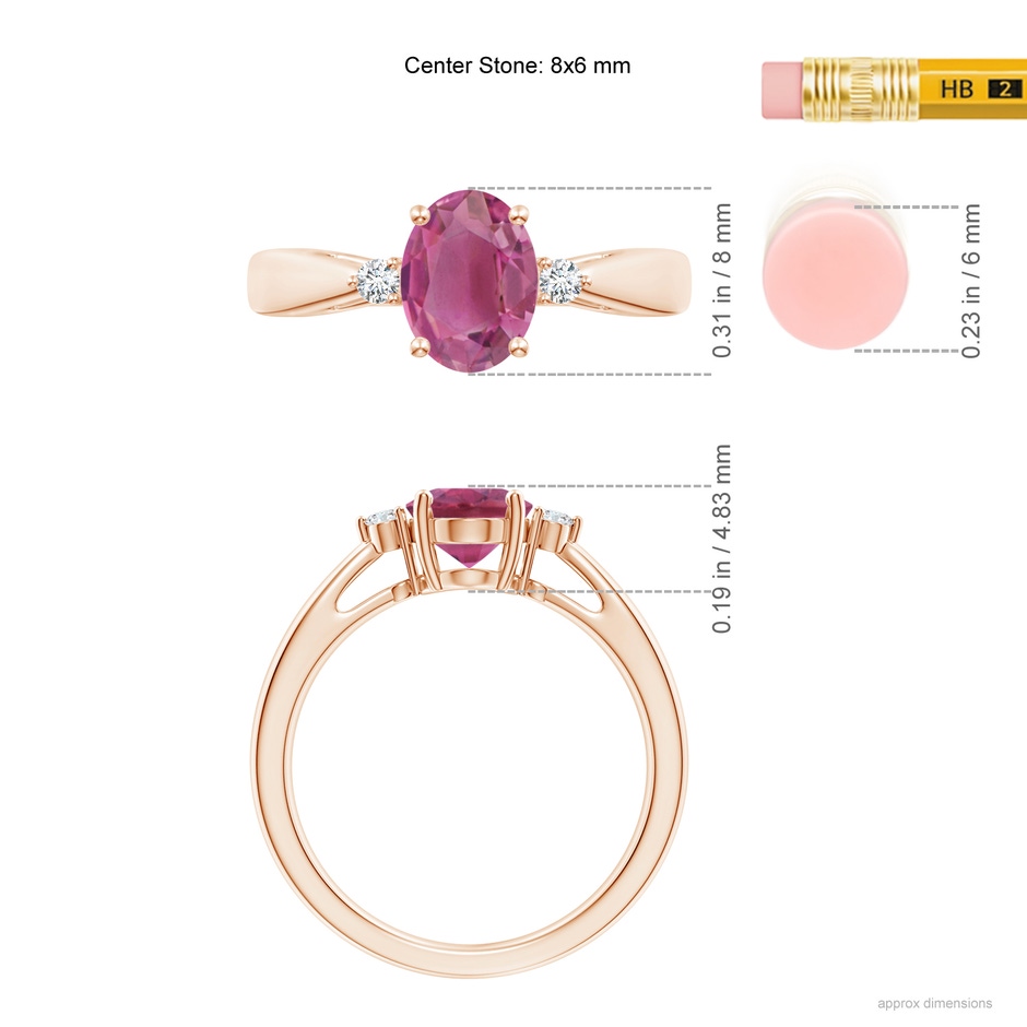 8x6mm AAA Tapered Shank Pink Tourmaline Solitaire Ring with Diamond Accents in Rose Gold ruler