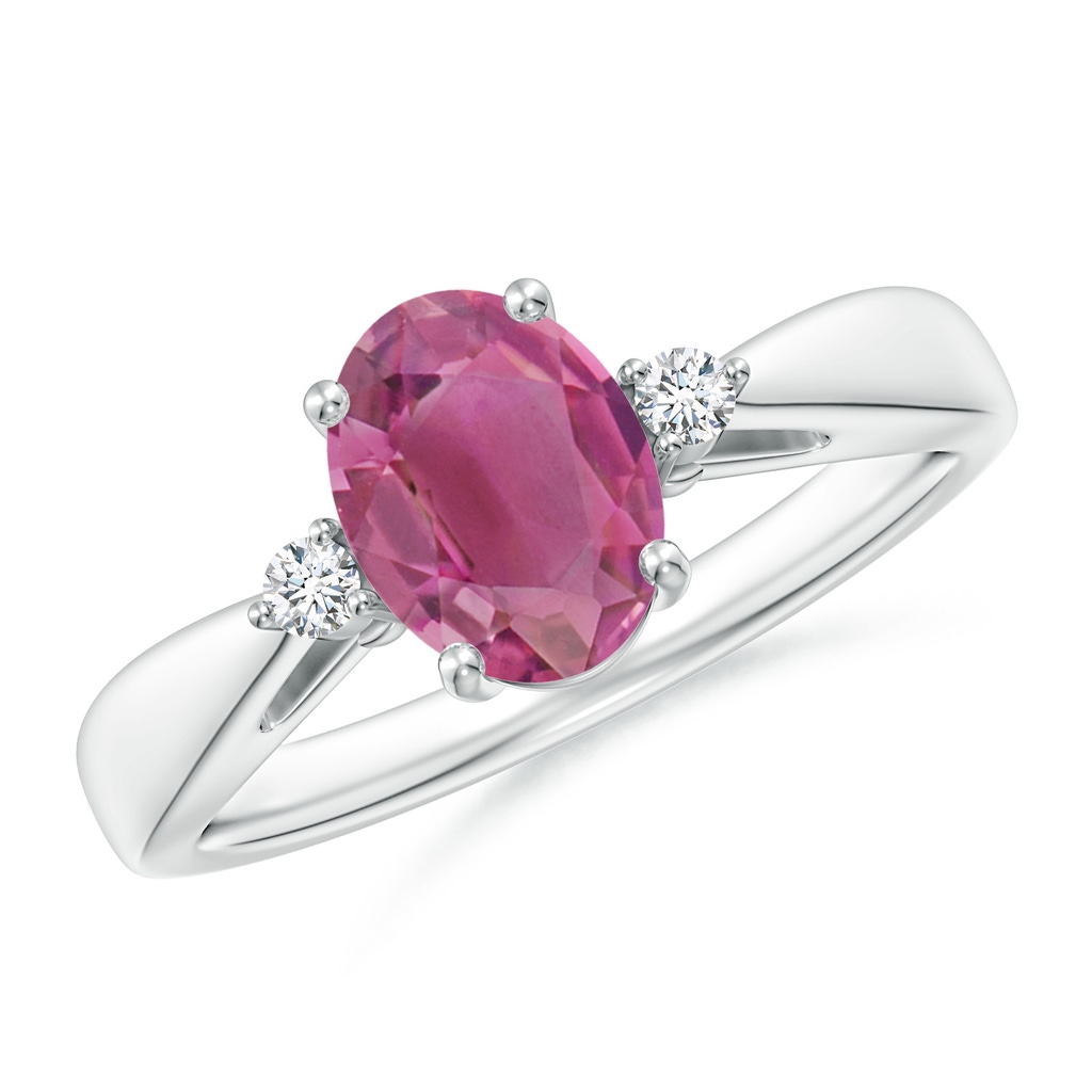 8x6mm AAA Tapered Shank Pink Tourmaline Solitaire Ring with Diamond Accents in White Gold