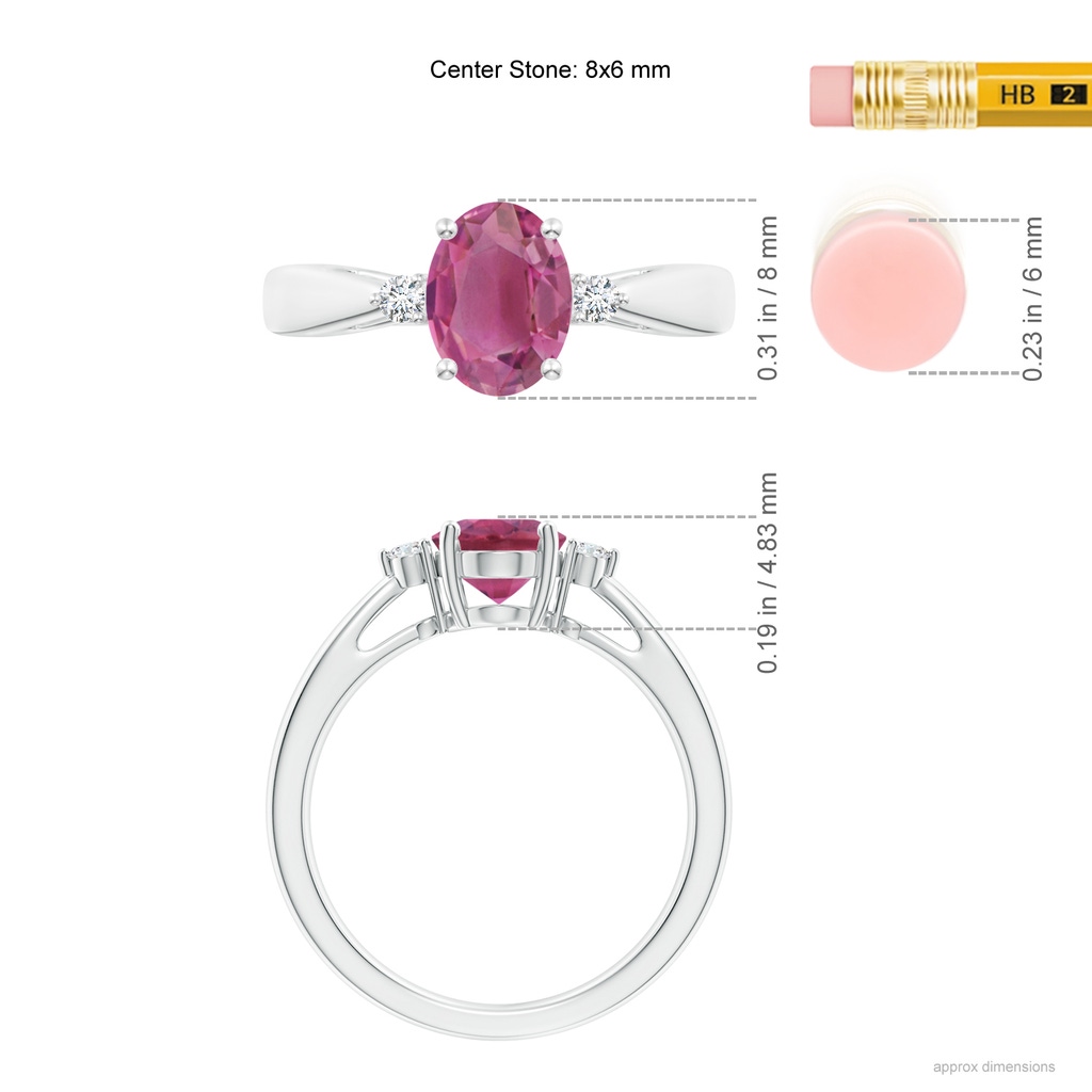 8x6mm AAA Tapered Shank Pink Tourmaline Solitaire Ring with Diamond Accents in White Gold ruler