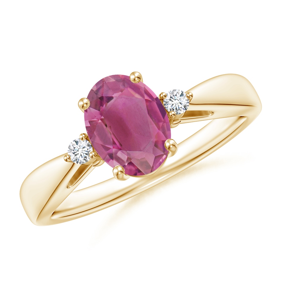 8x6mm AAA Tapered Shank Pink Tourmaline Solitaire Ring with Diamond Accents in Yellow Gold 