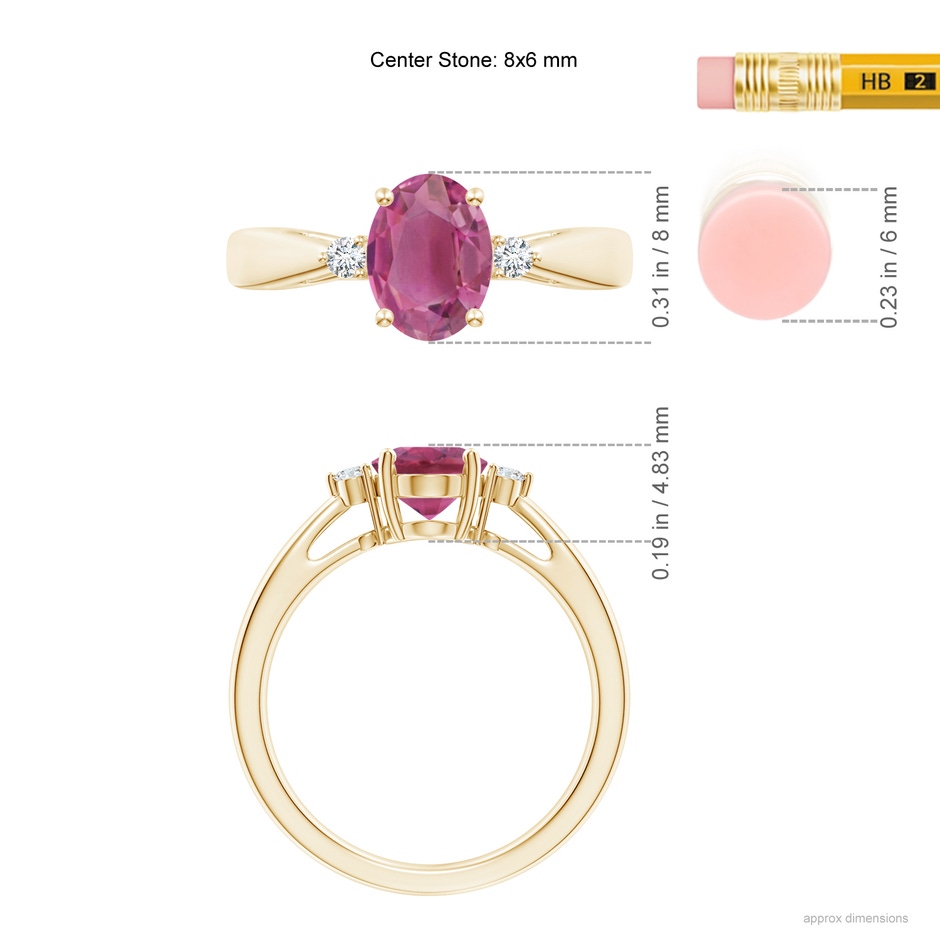 8x6mm AAA Tapered Shank Pink Tourmaline Solitaire Ring with Diamond Accents in Yellow Gold ruler