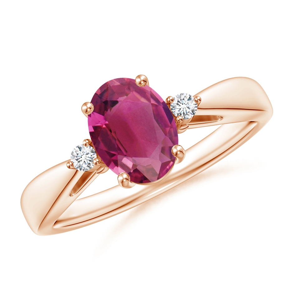 8x6mm AAAA Tapered Shank Pink Tourmaline Solitaire Ring with Diamond Accents in Rose Gold 