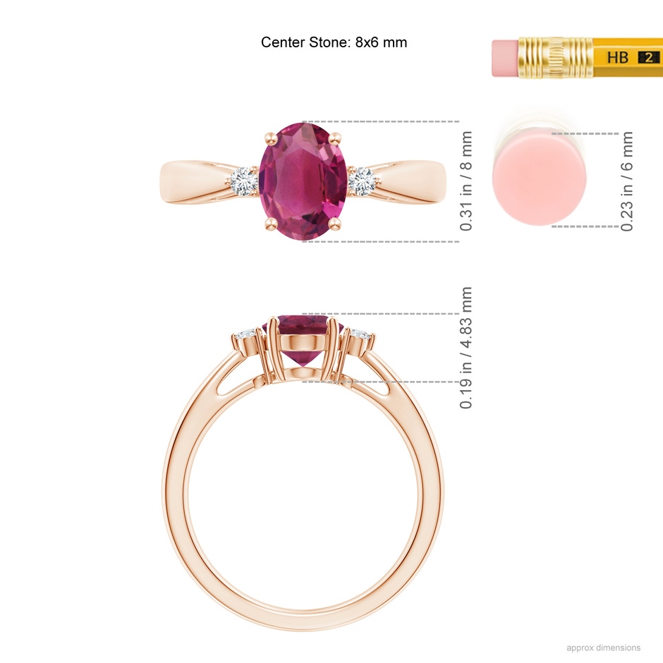 8x6mm AAAA Tapered Shank Pink Tourmaline Solitaire Ring with Diamond Accents in Rose Gold ruler