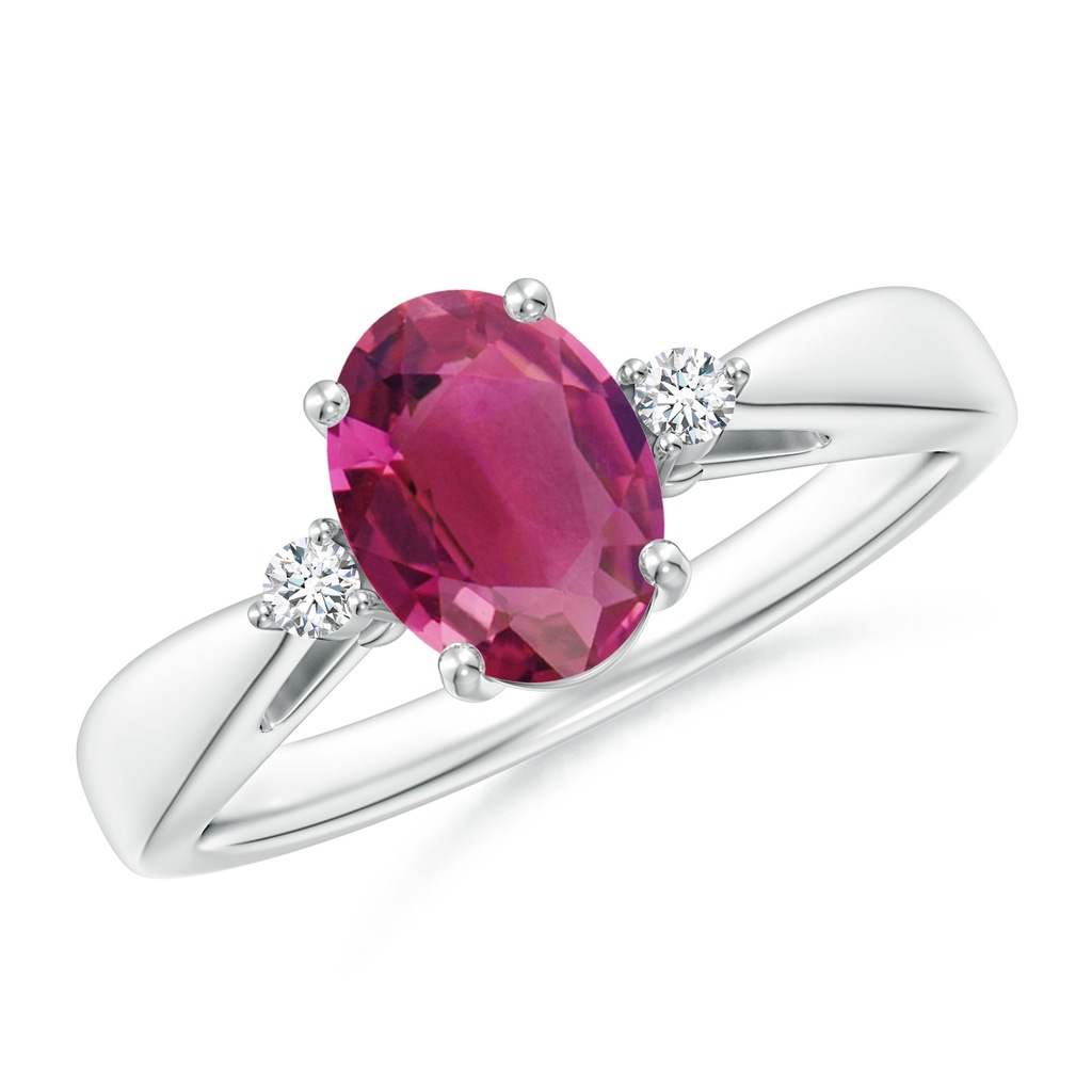 8x6mm AAAA Tapered Shank Pink Tourmaline Solitaire Ring with Diamond Accents in White Gold