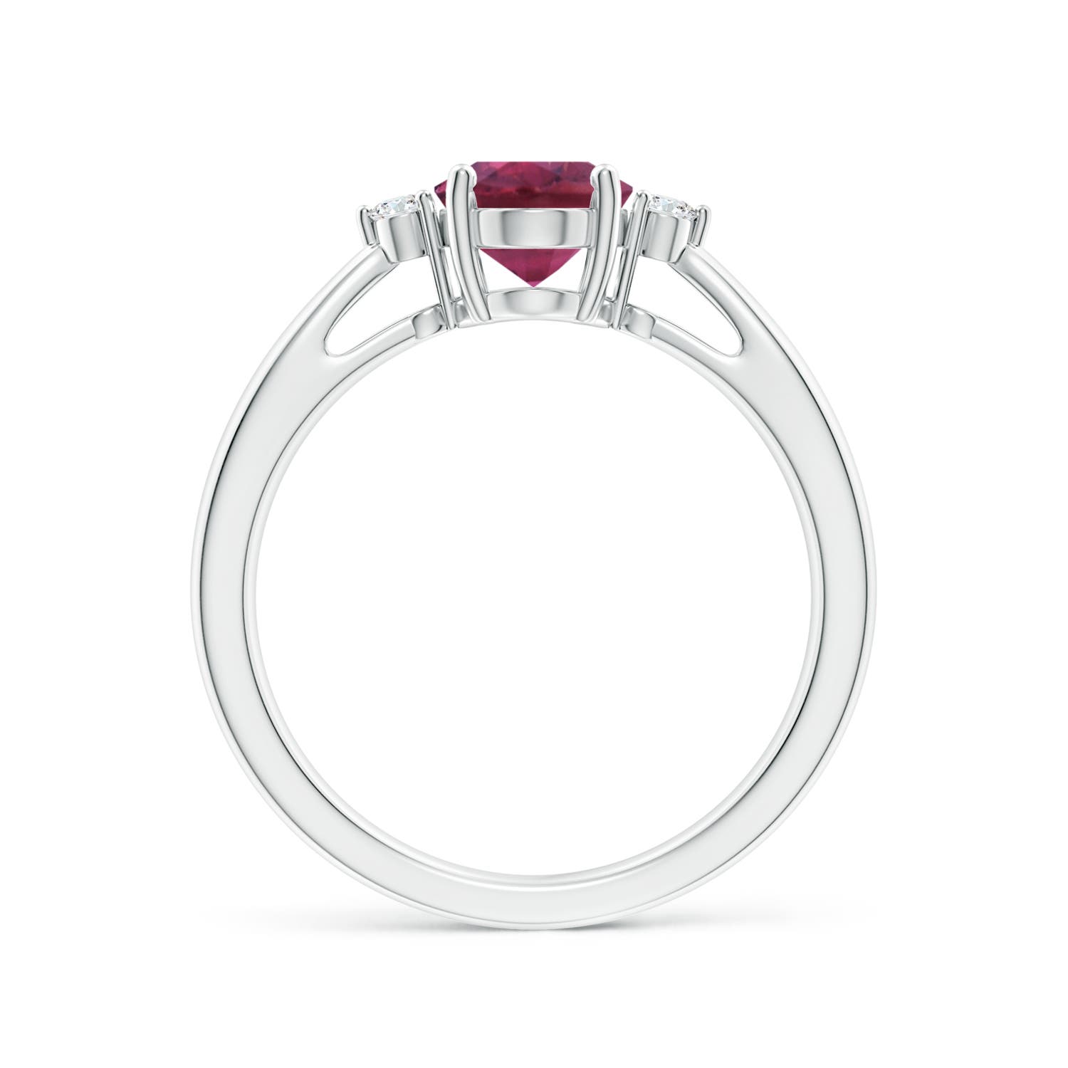 8x6mm AAAA Tapered Shank Pink Tourmaline Solitaire Ring with Diamond Accents in White Gold - side 2