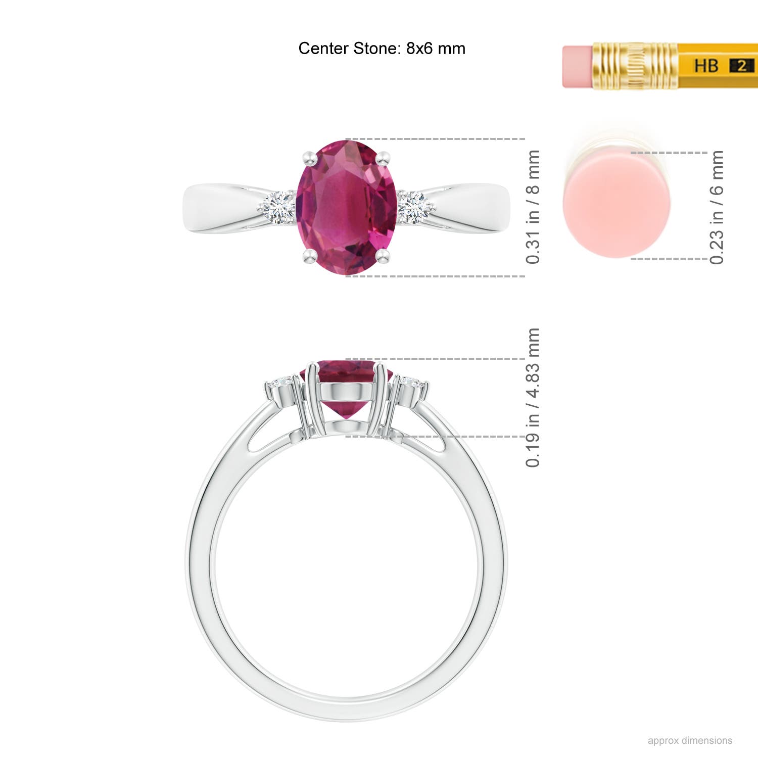 8x6mm AAAA Tapered Shank Pink Tourmaline Solitaire Ring with Diamond Accents in White Gold - ruler