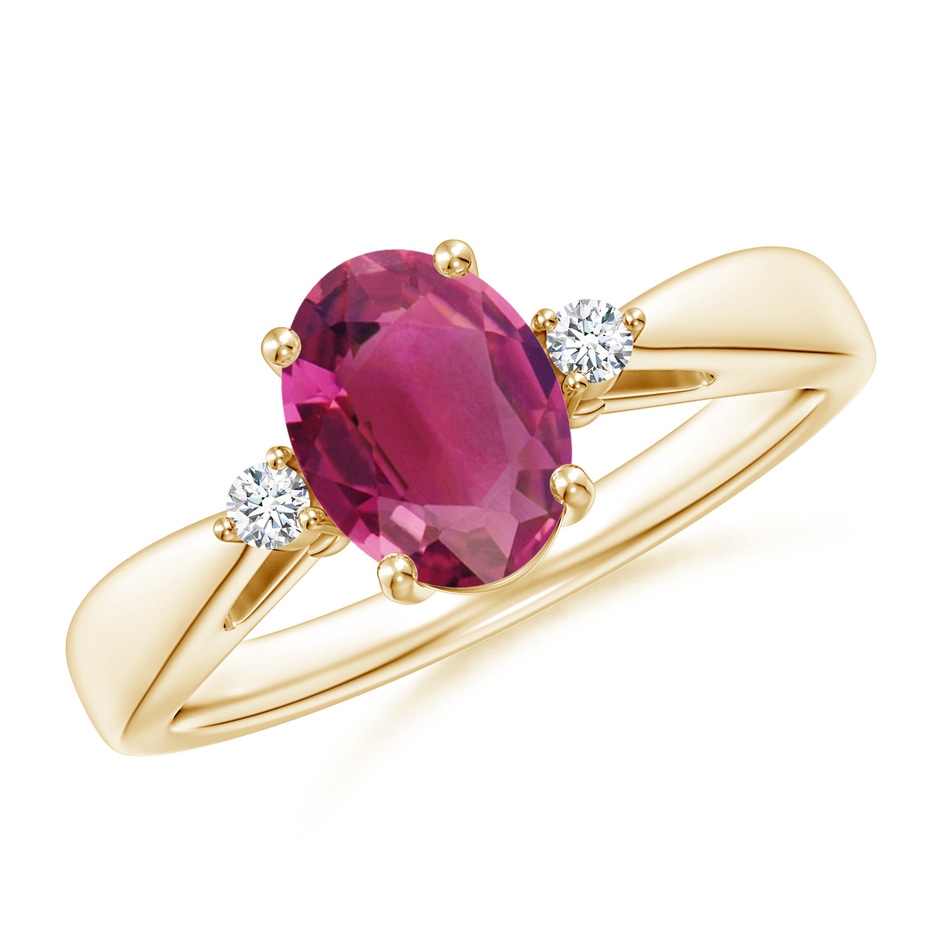 8x6mm AAAA Tapered Shank Pink Tourmaline Solitaire Ring with Diamond Accents in Yellow Gold 