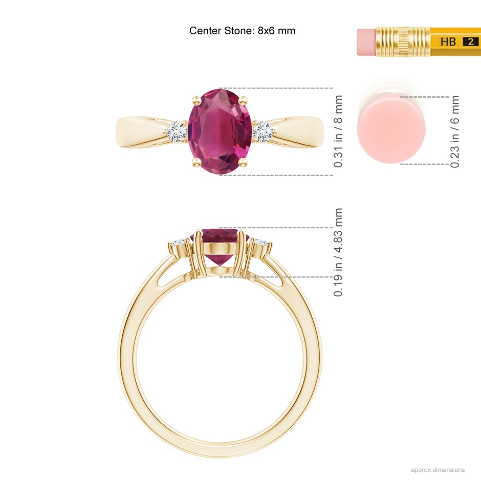 8x6mm AAAA Tapered Shank Pink Tourmaline Solitaire Ring with Diamond Accents in Yellow Gold ruler