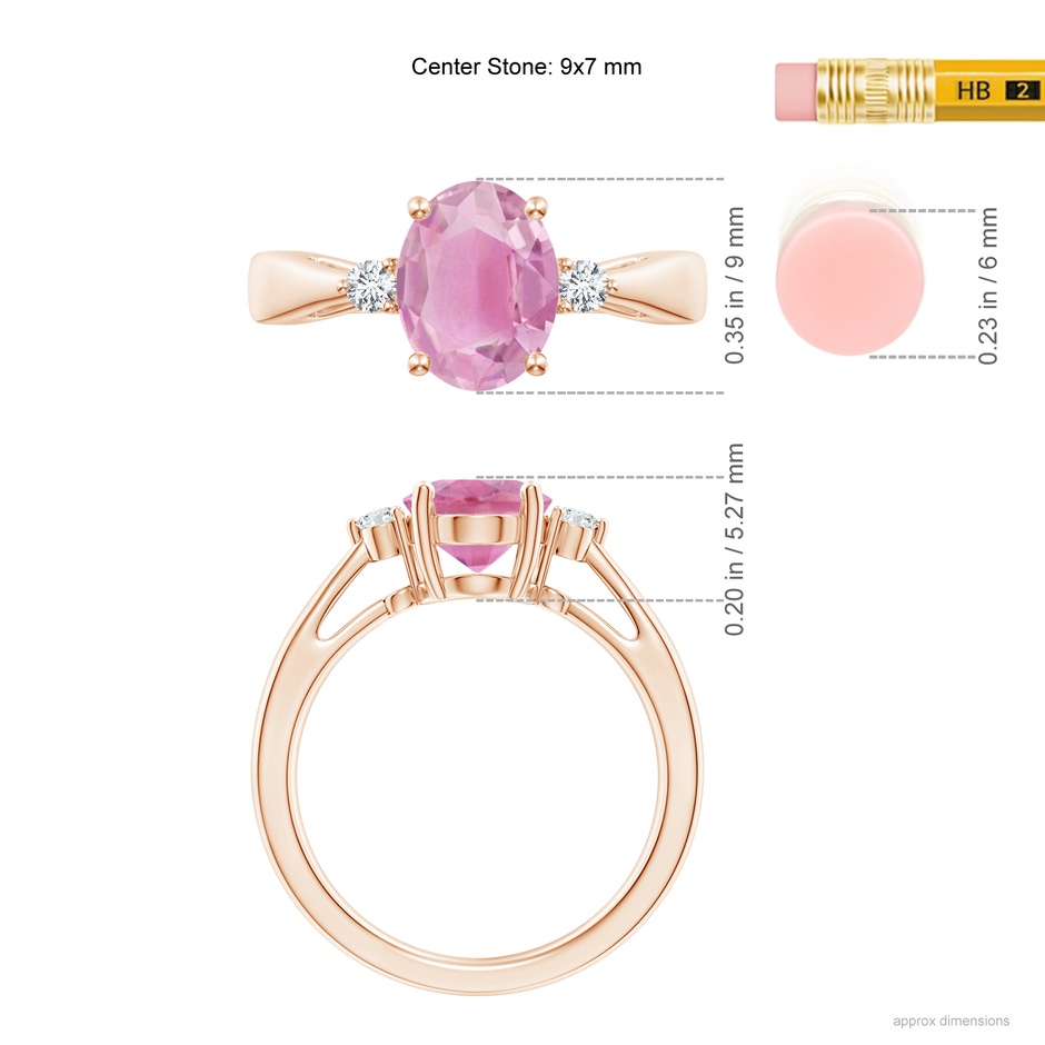 9x7mm A Tapered Shank Pink Tourmaline Solitaire Ring with Diamond Accents in Rose Gold ruler