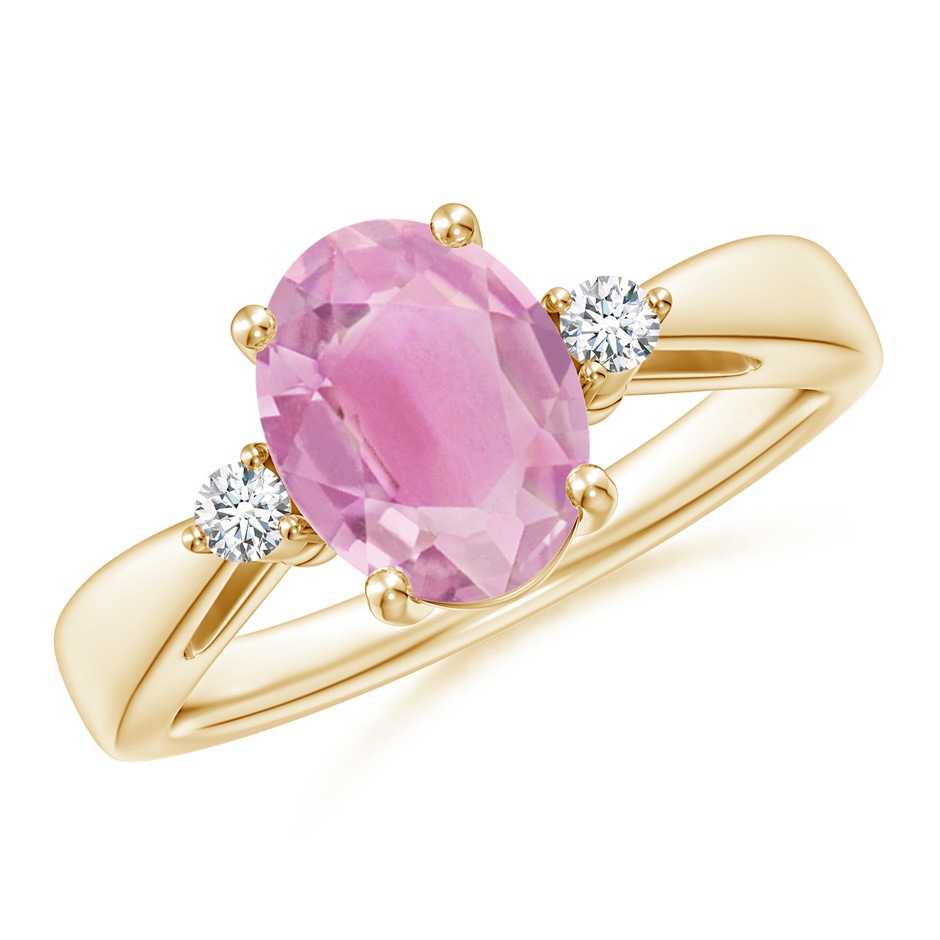 9x7mm A Tapered Shank Pink Tourmaline Solitaire Ring with Diamond Accents in Yellow Gold 