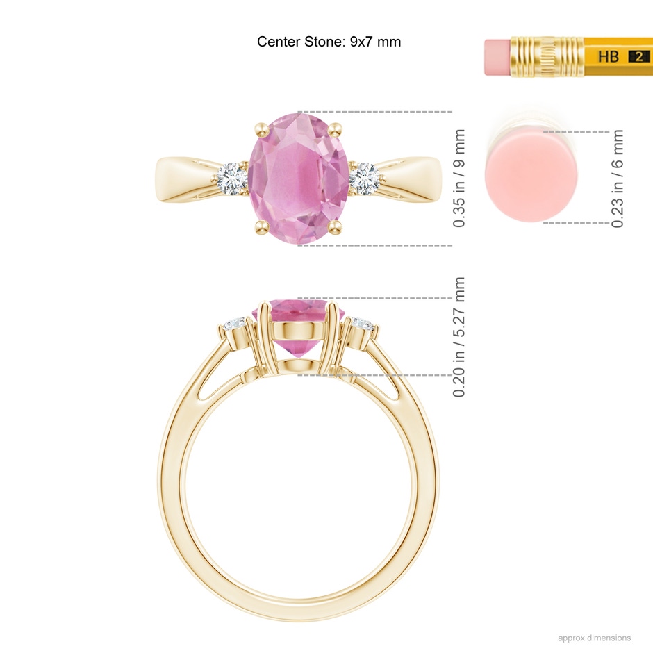 9x7mm A Tapered Shank Pink Tourmaline Solitaire Ring with Diamond Accents in Yellow Gold ruler