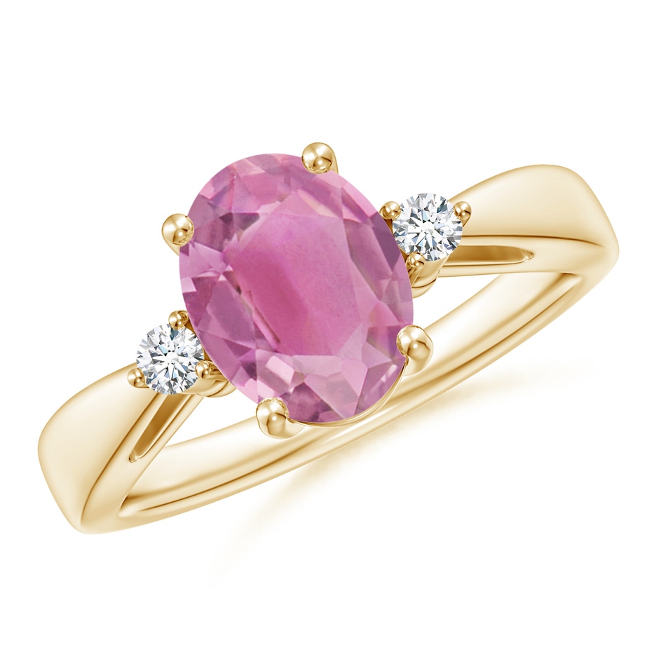 9x7mm AA Tapered Shank Pink Tourmaline Solitaire Ring with Diamond Accents in Yellow Gold 