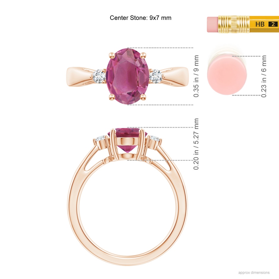 9x7mm AAA Tapered Shank Pink Tourmaline Solitaire Ring with Diamond Accents in Rose Gold ruler