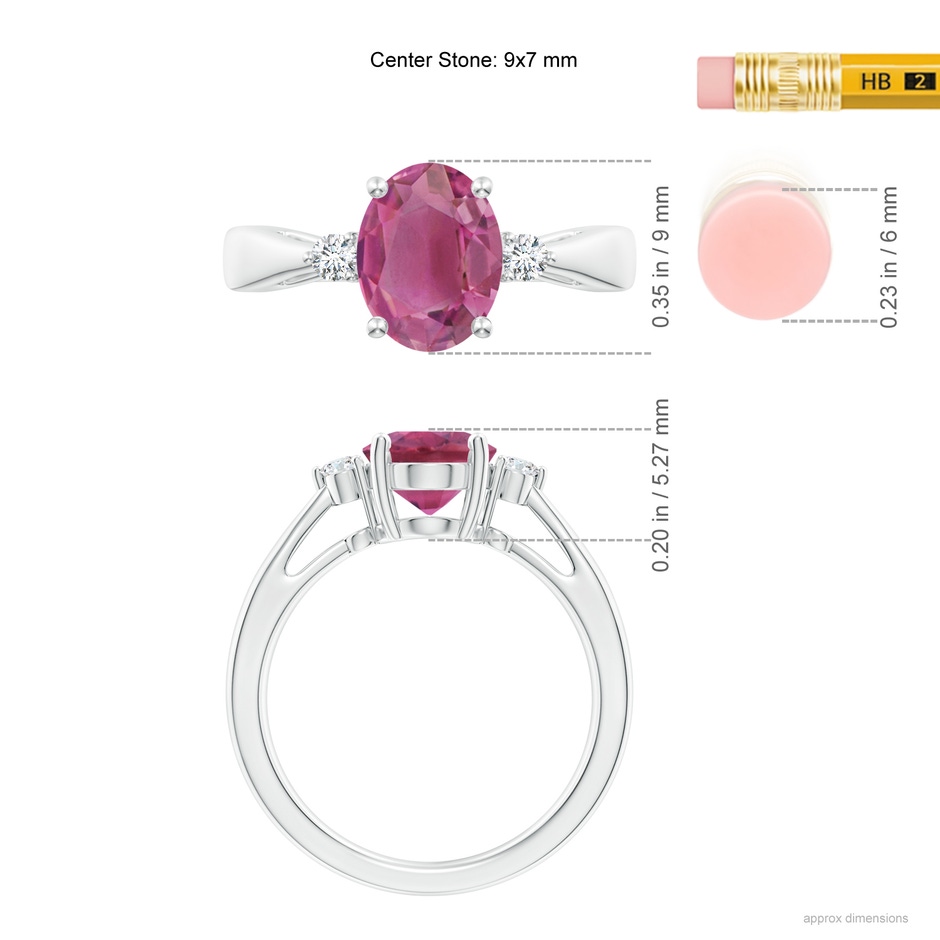 9x7mm AAA Tapered Shank Pink Tourmaline Solitaire Ring with Diamond Accents in White Gold ruler