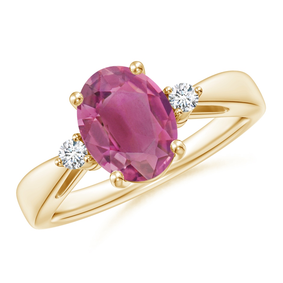 9x7mm AAA Tapered Shank Pink Tourmaline Solitaire Ring with Diamond Accents in Yellow Gold 