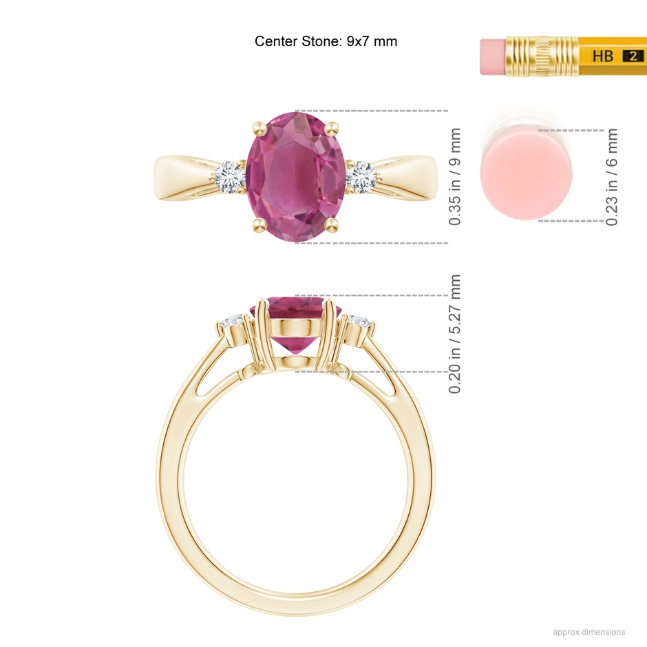 9x7mm AAA Tapered Shank Pink Tourmaline Solitaire Ring with Diamond Accents in Yellow Gold ruler