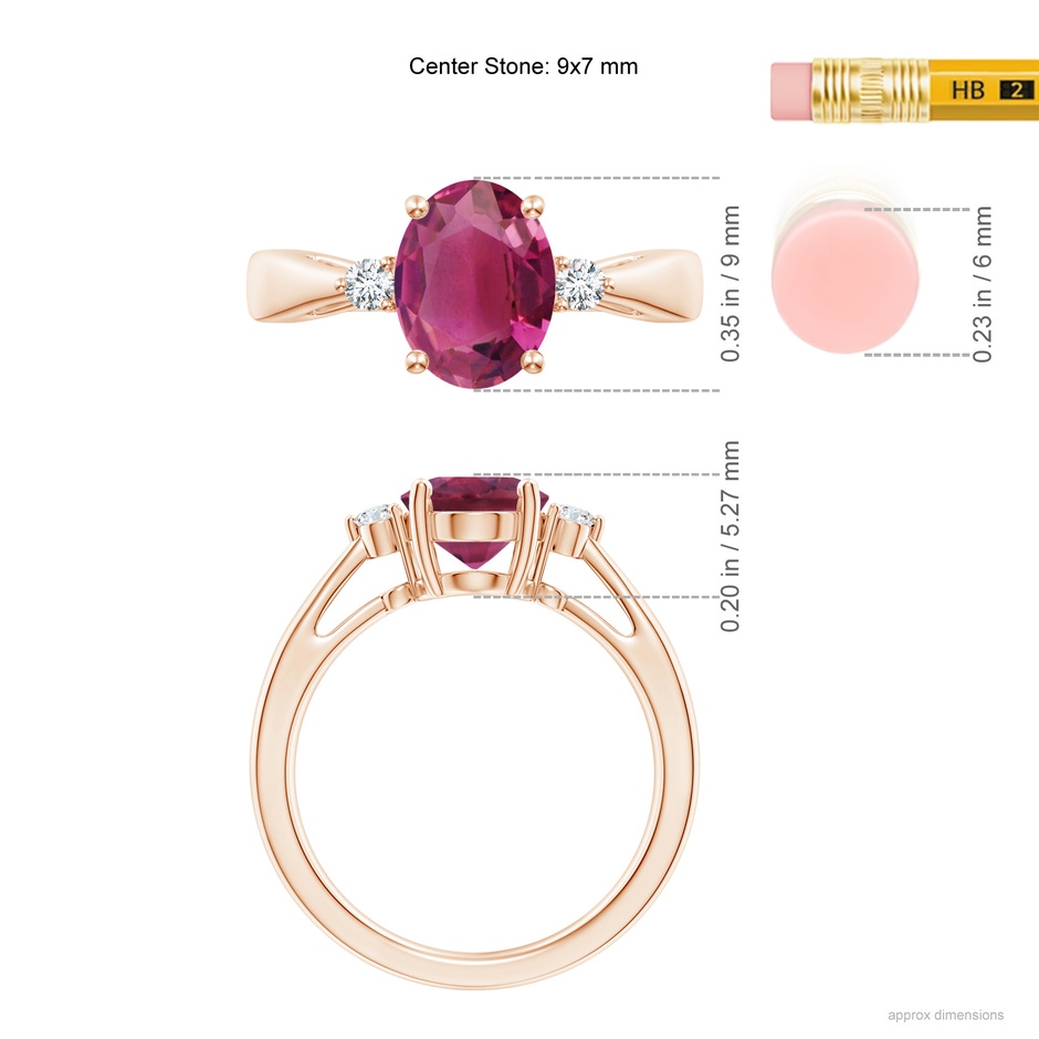 9x7mm AAAA Tapered Shank Pink Tourmaline Solitaire Ring with Diamond Accents in Rose Gold ruler