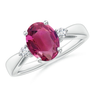 9x7mm AAAA Tapered Shank Pink Tourmaline Solitaire Ring with Diamond Accents in White Gold