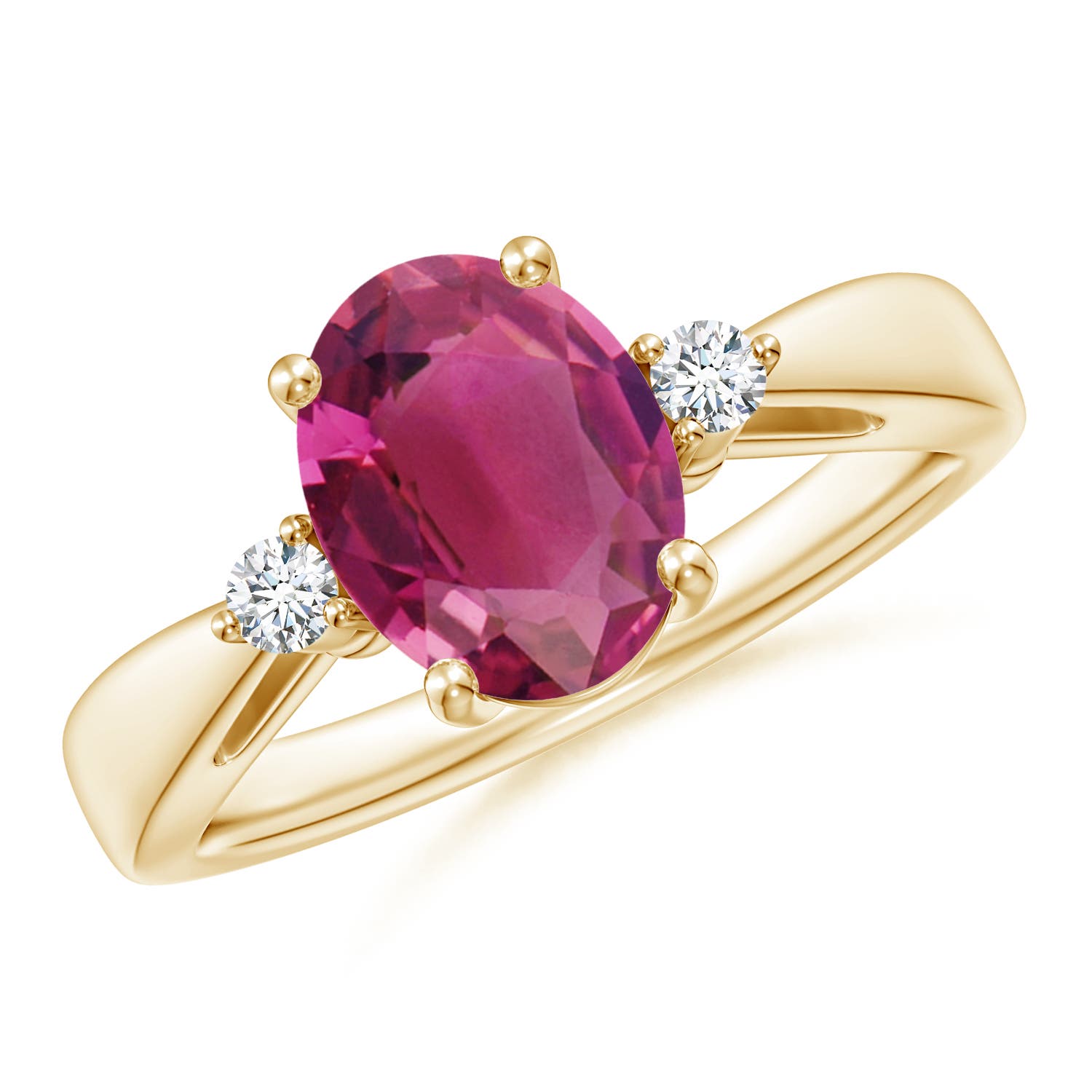 9x7mm AAAA Tapered Shank Pink Tourmaline Solitaire Ring with Diamond Accents in Yellow Gold