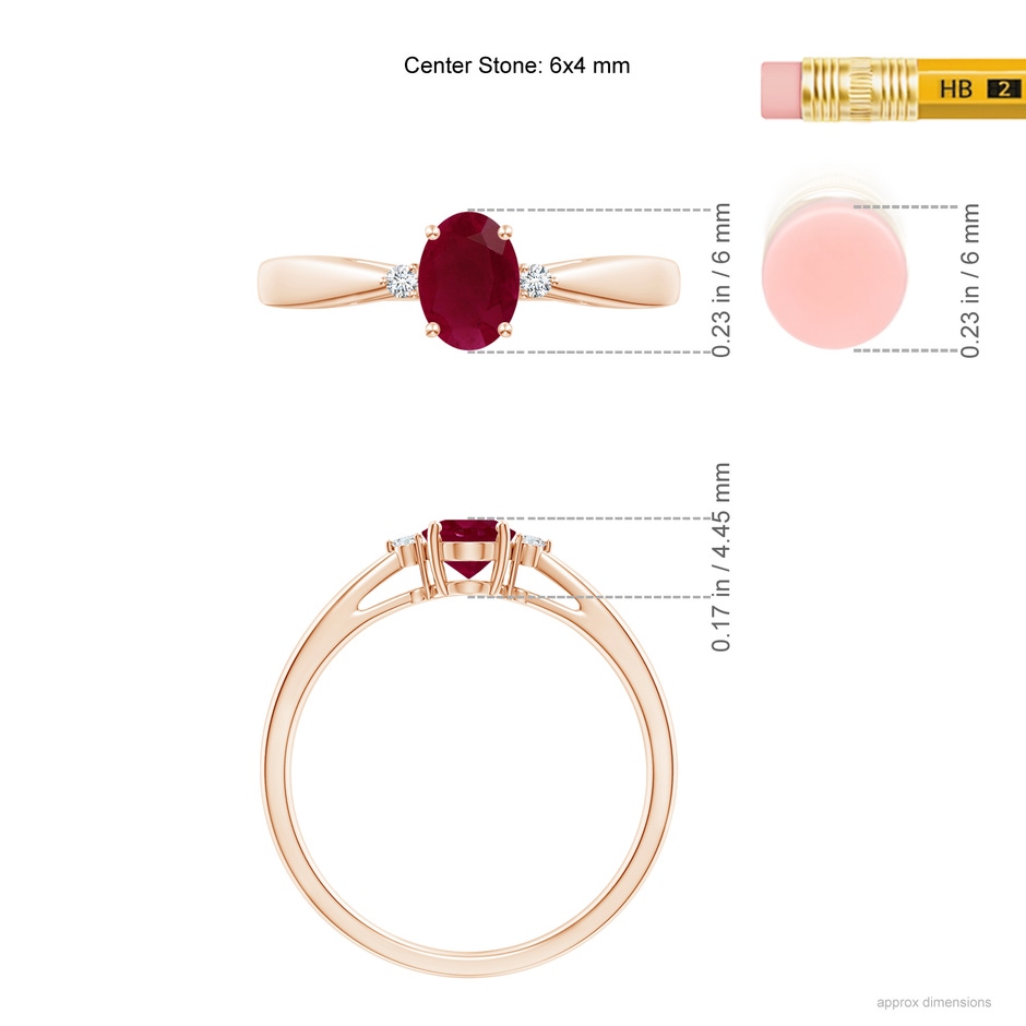 6x4mm A Tapered Shank Ruby Solitaire Ring with Diamond Accents in Rose Gold ruler